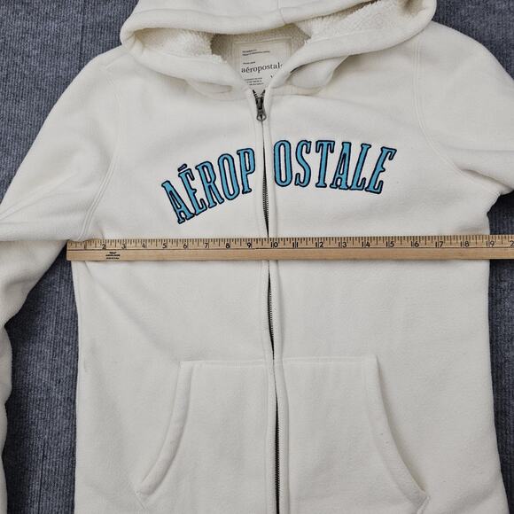 Vintage Aeropostale Hoodie Womens XL Y2K White Fleece Full Zip Logo Minimal Cozy - Picture 4 of 6